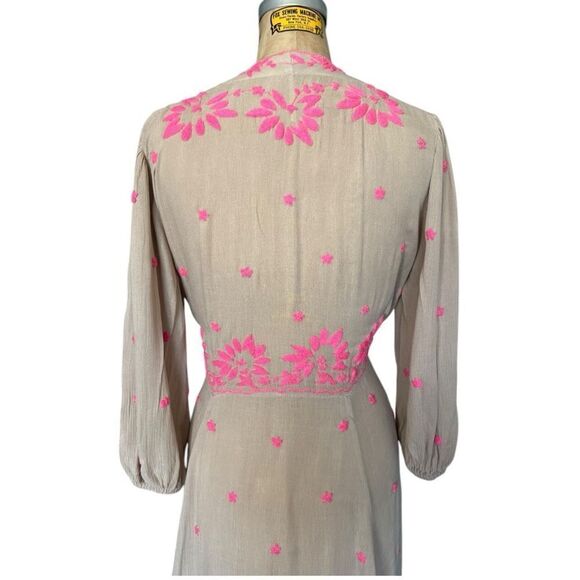FREE PEOPLE Taupe Maxi Dress with Pink Floral Embroidery Size S - Picture 6 of 12